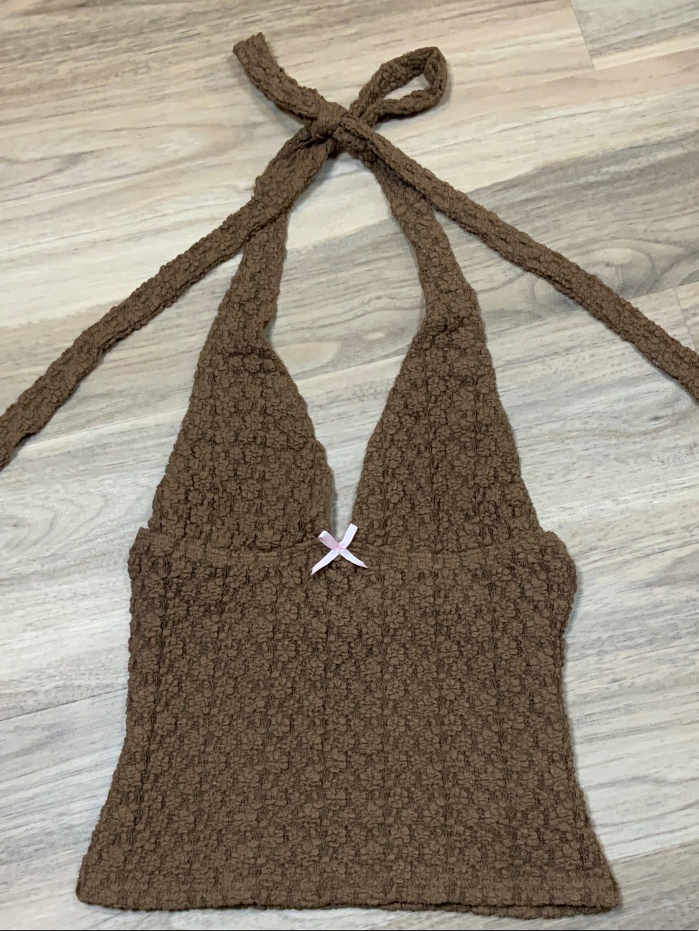 Edikted Brown Textured Halter Crop Top with Pink Bow